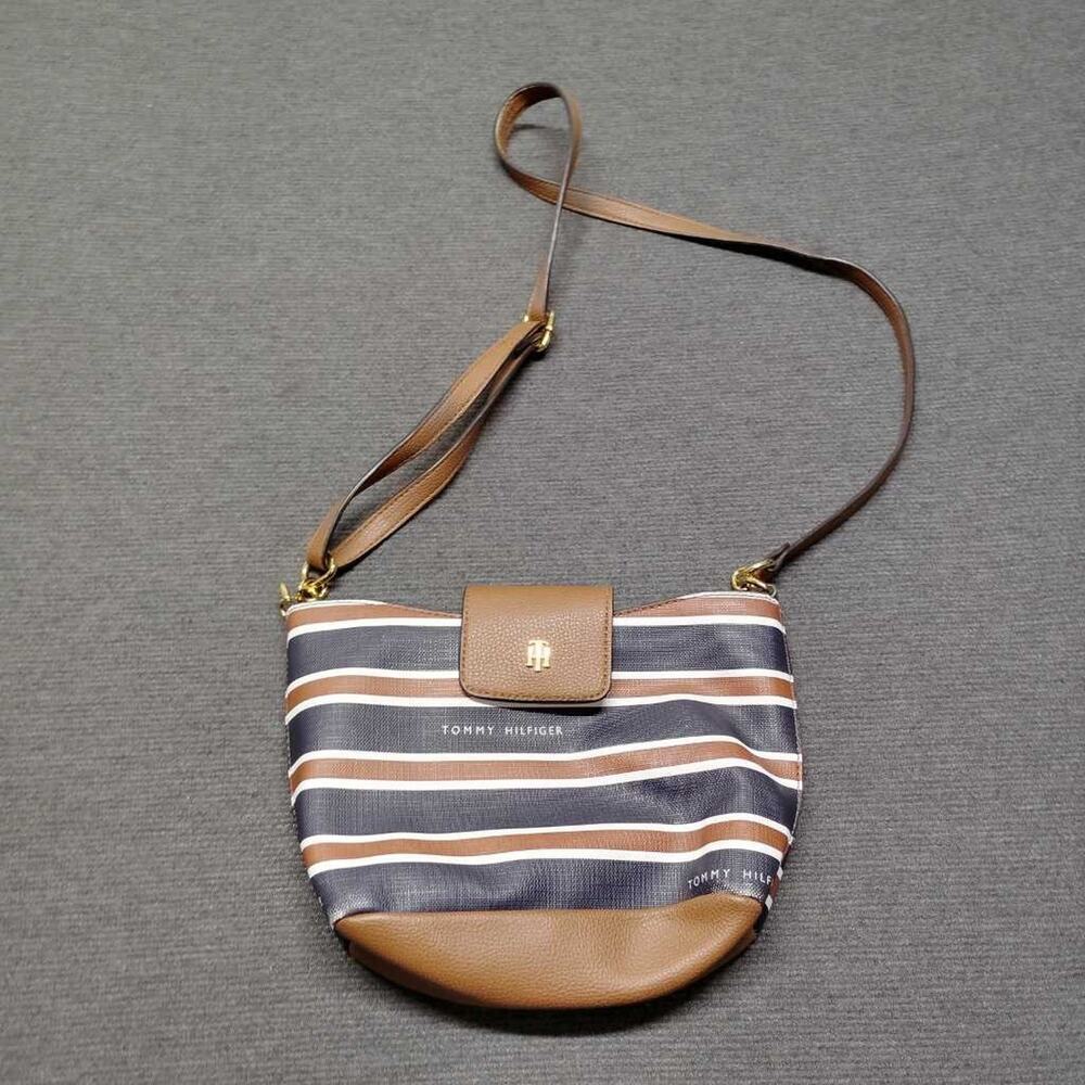 Tommy Hilfiger Crossbody Bag Navy White Brown Stripe Logo Flap Shoulder